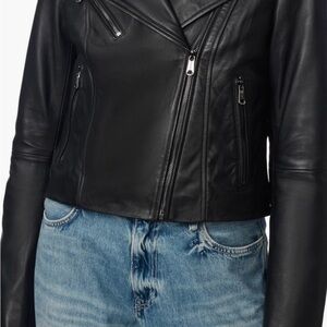 Black Leather Motorcycle Jacket with Asymmetrical Zipper and Textured Finish